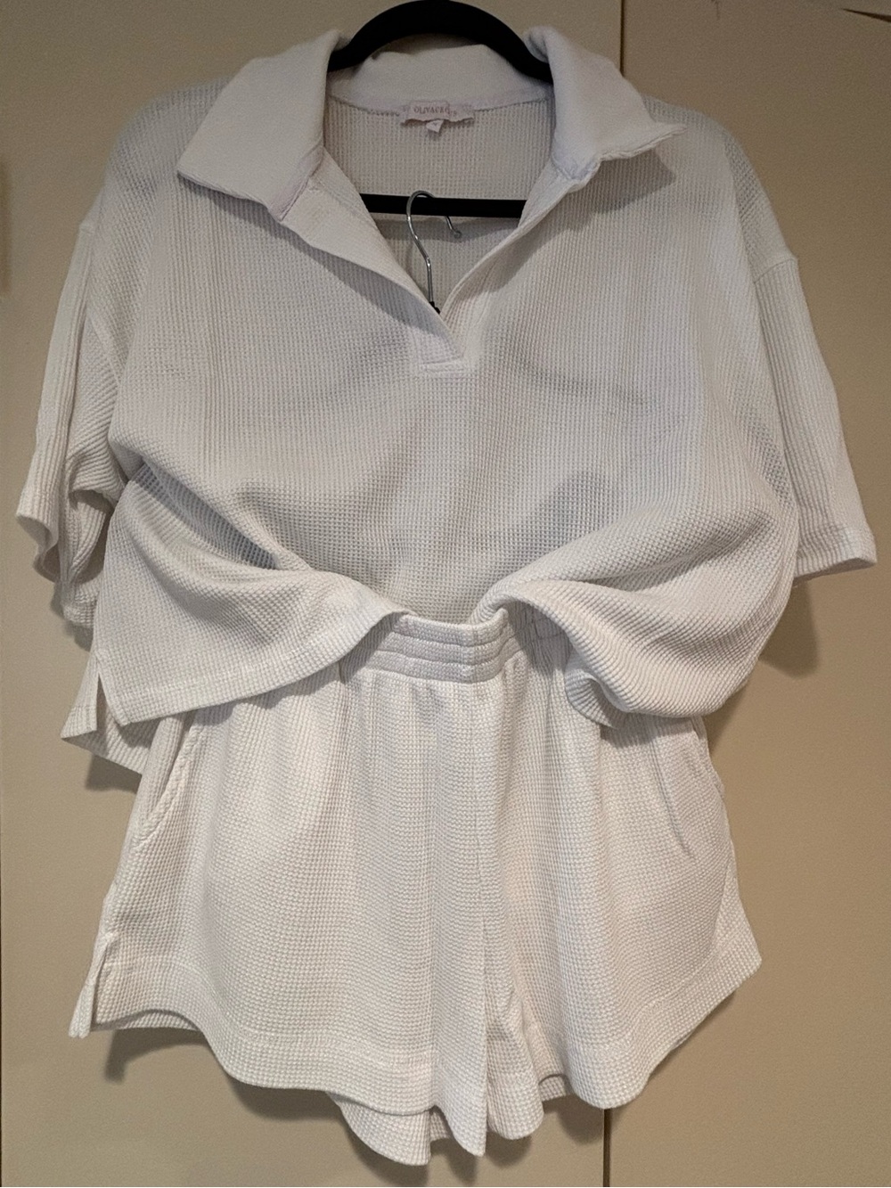 Women’s White Waffle Knit Collared Short Sleeve Top and Short SET